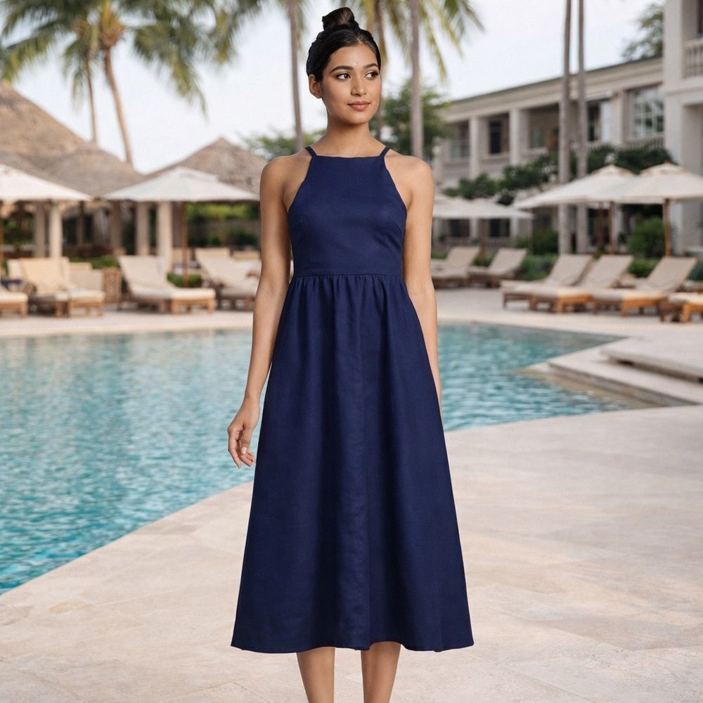 Land’s End Dress Pockets Linen halter smocked high neck adjustable midi navy XSP
